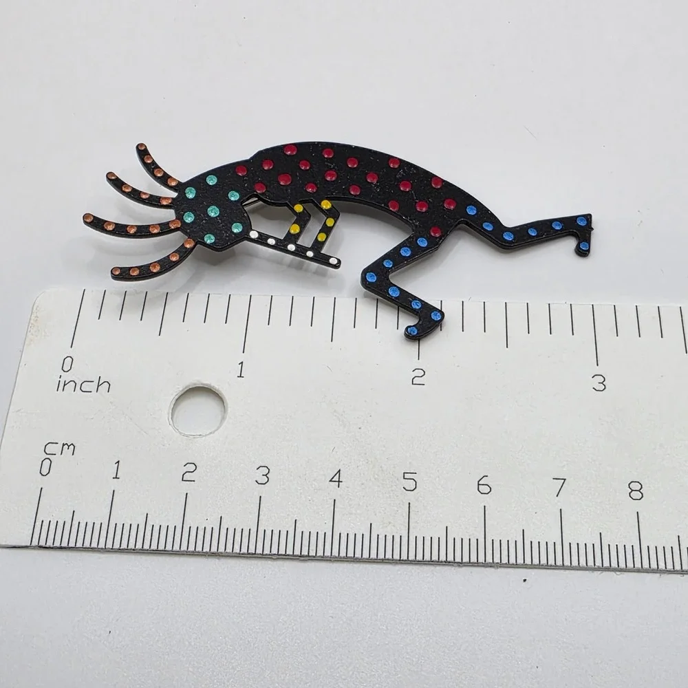 Vintage Kokopelli Flute Player Black Metal Brooch Pin Multi Color Polka Dots